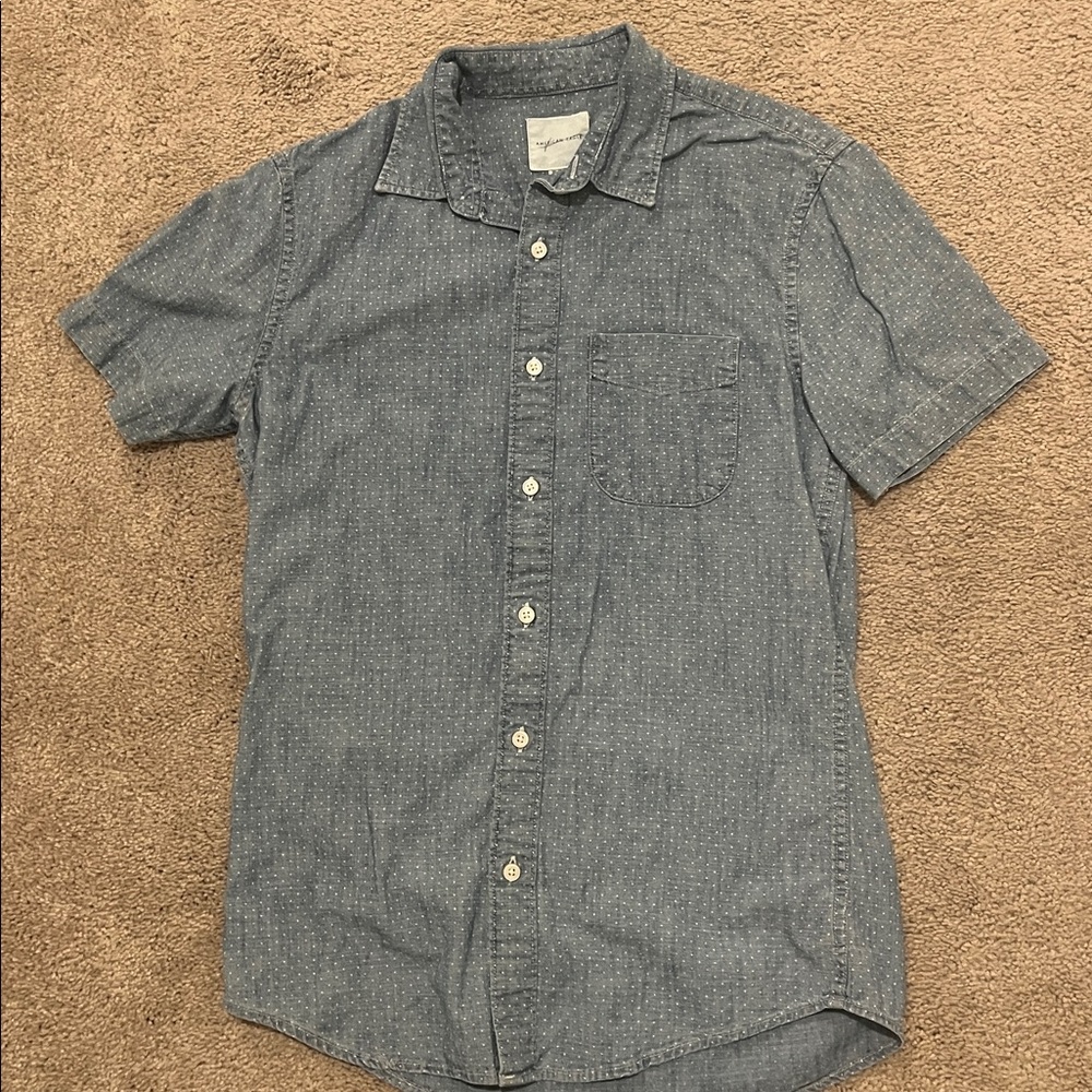 American Eagle Outfitters Denim Blue Polka Dot Shirt